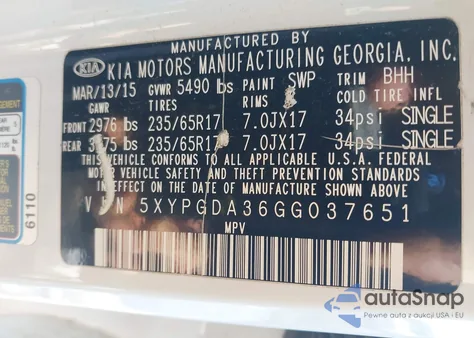 2016 Kia Sorento 2.4L Lx z USA, uszkodzony, nr VIN 5XYPGDA36GG037651